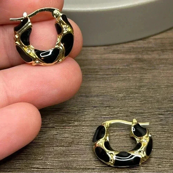 18K Gold Plated Black Enamel Hoop Earrings with Little Rhinestone Accents - Picture 1 of 4